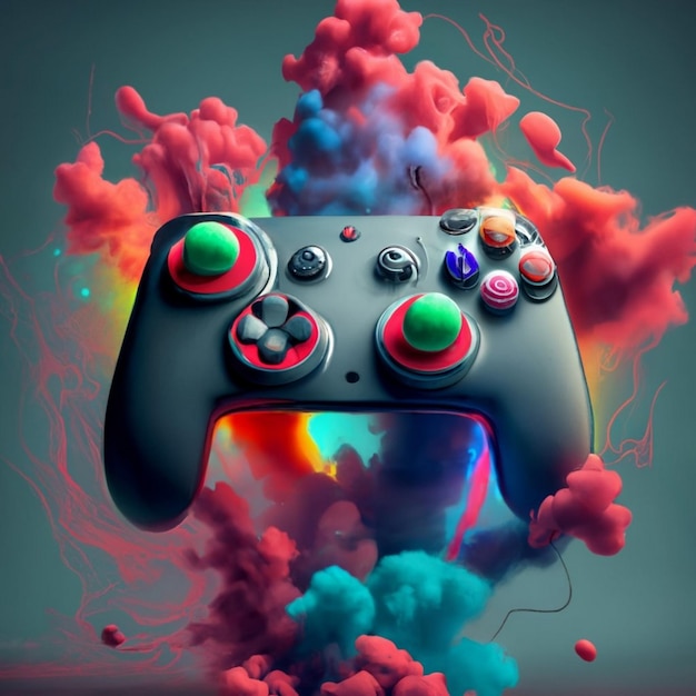 Zdjęcie kontrola gier 3d na czarnym tle z czerwonym, niebieskim i zielonym dymem