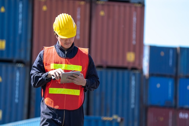Kontrola inżyniera logistyki w porcie, załadunek kontenerów na eksport ciężarówek i import logistyki