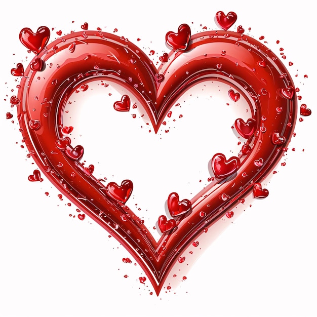 Kontur czerwonego serca z blaskiem wokół maleńkich czerwonych serc na białym tle Serce jako symbol uczuć i miłości