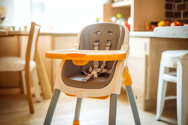 Zdjęcie konwencjonalne krzesełko do karmienia dziecka na stole w domu lub kuchni meble do karmienia dzieci