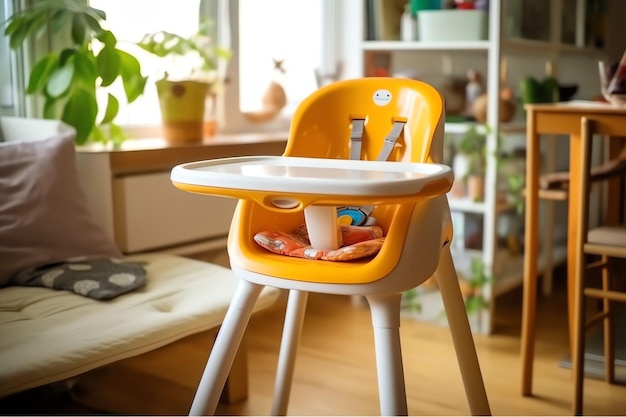 Konwencjonalne krzesełko do karmienia dziecka na stole w domu lub kuchni Meble do karmienia dzieci