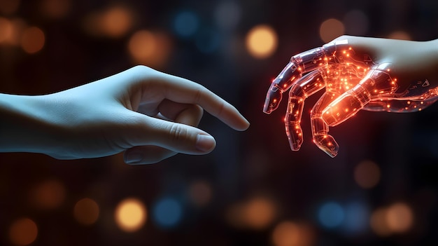 Konwergencja ludzkości i technologii Robot oraz połączenie ludzkiej ręki