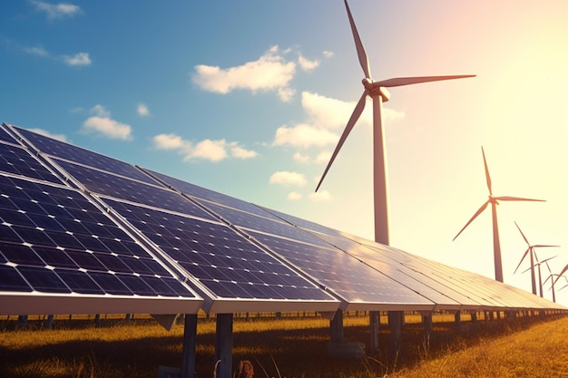 Konwergencja w kierunku zrównoważonego rozwoju Pylon paneli słonecznych i turbina wiatrowa