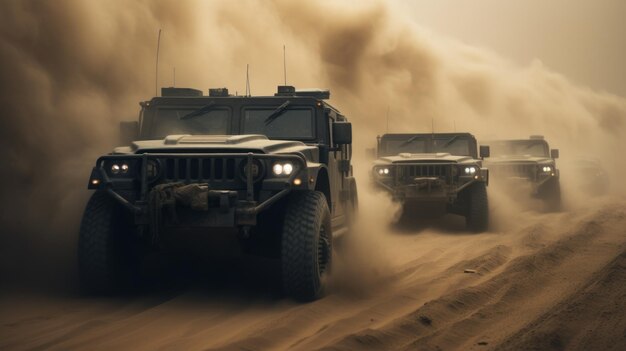 Zdjęcie konwój wojskowych czarnych hummerów przejeżdża przez pustynną burzę
