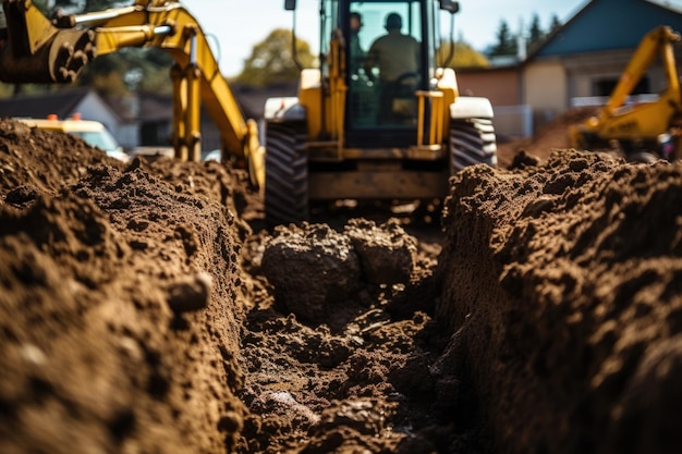 Koparki kopające glebę i kładące fundamenty na placu budowy