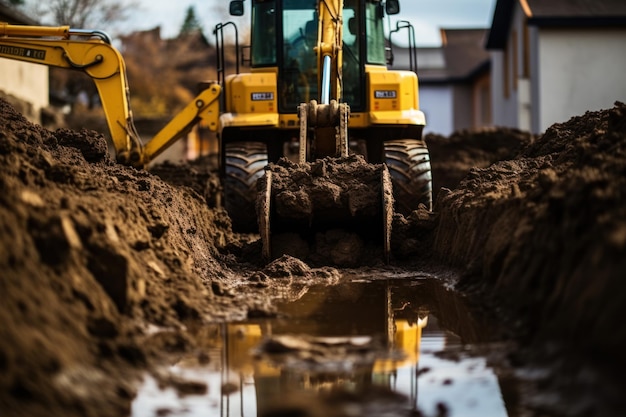 Koparki kopające glebę i kładące fundamenty na placu budowy