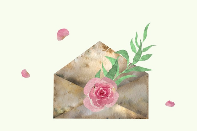 Zdjęcie koperta z kwiatami akwarela ilustracja akwarela rysunek koperty z różami na białym tle