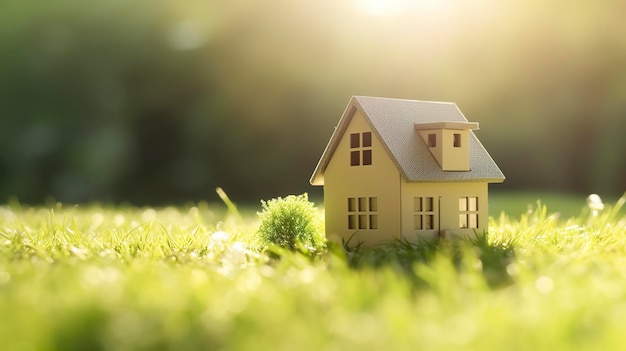 Kopiowanie przestrzeni domu Mały model domu na zielonej trawie z światłem słonecznym AI Generative