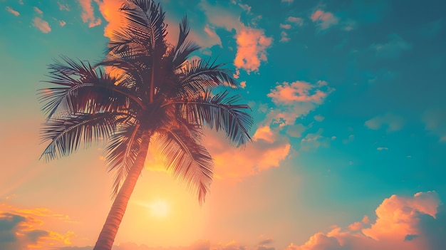 Zdjęcie kopiowanie przestrzeni sylwetki tropikalnej palmy ze światłem słońca na zachodnim niebie i chmurach generatywna sztuczna inteligencja