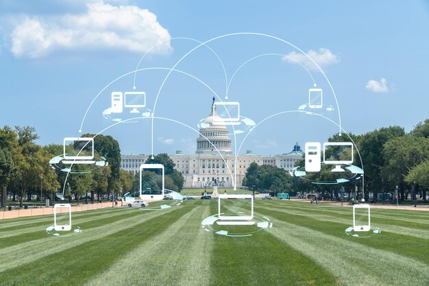Kopuła Kapitolu na zewnątrz Waszyngton DC USA Dom Kongresu i Kapitol Amerykański system polityczny Hologram w mediach społecznościowych Koncepcja nawiązywania kontaktów i nawiązywania nowych kontaktów międzyludzkich