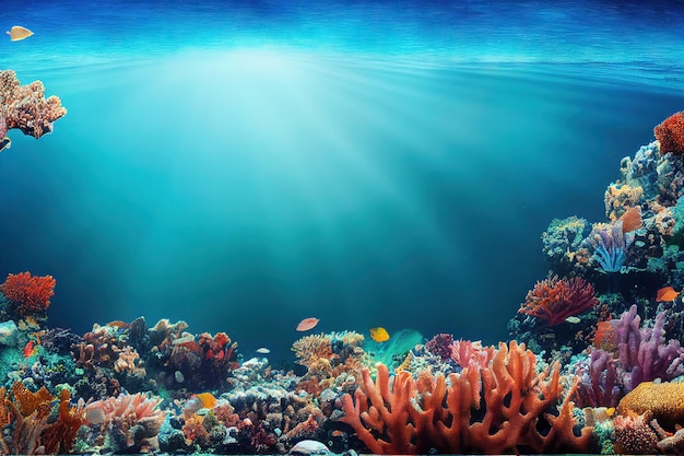 Korale z alg i małe ryby pod wodą w słonecznym krajobrazie morskim