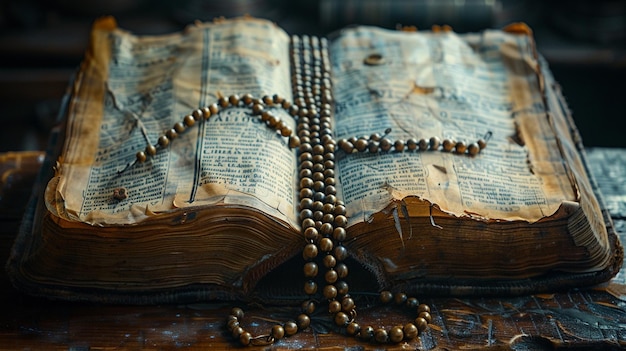 Koraliki na różaniec, zakryte na starym księdze modlitw, koraliki i tekst rozmyte razem