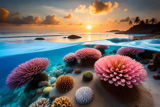 Koralowce i koralowce na plaży o zachodzie słońca