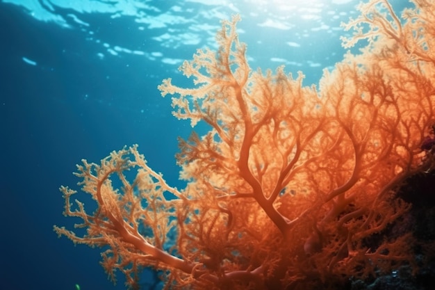 Koralowy gorgonian zdjęcie zbliżenie z niebieską naturą morza