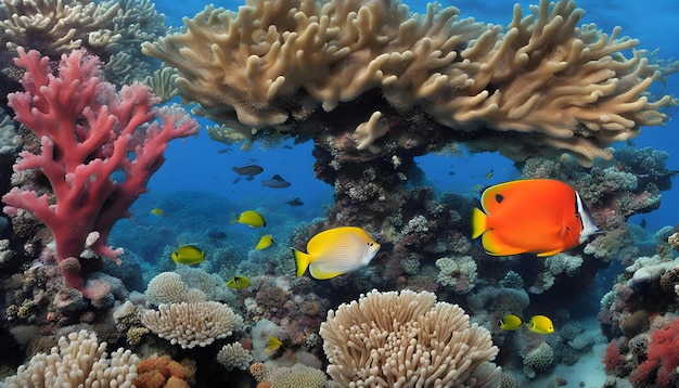 koralowy z żółtą rybą i innymi rybami