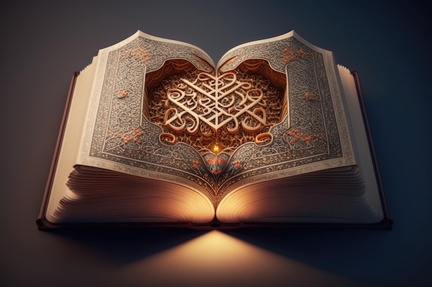 Koran Koran Holi książka Streszczenie Otwórz książkę w islamskim stylu na ciemnym tle Czytanie Koranu sura
