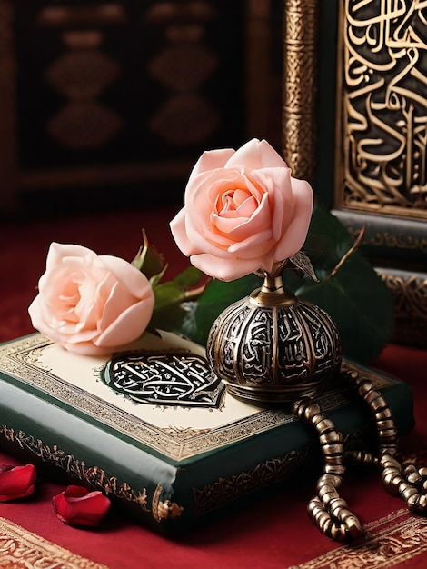 Zdjęcie koran sharif obok kwiatu i tasbeeh