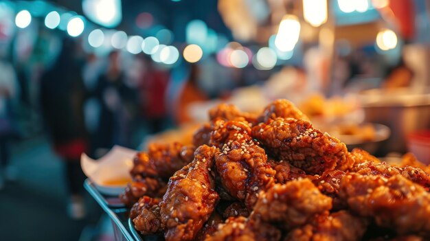 Korean Fried Chicken Wing na tle tętniącego życiem koreańskiego rynku ulicznego jedzenia