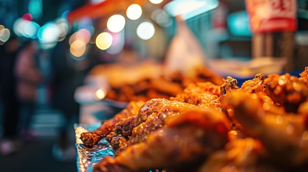 Korean Fried Chicken Wing na tle tętniącego życiem koreańskiego rynku ulicznego jedzenia