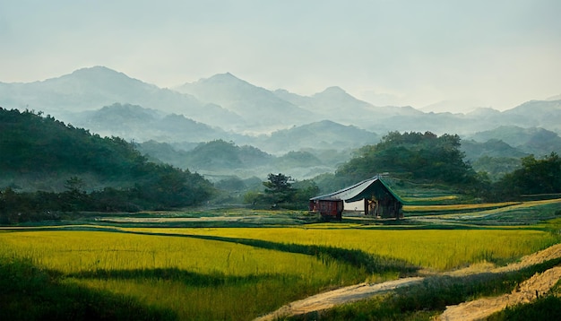 Koreańska wieś zielona góra pola z pięknym niebem