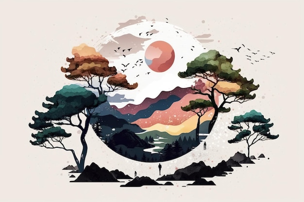 Koreańska wykwintna pocztówka przedstawiająca zachwycające krajobrazy Delikatne pastelowe odcienie i prosta płaska konstrukcja przyciągają uwagę generowaną przez sztuczną inteligencję