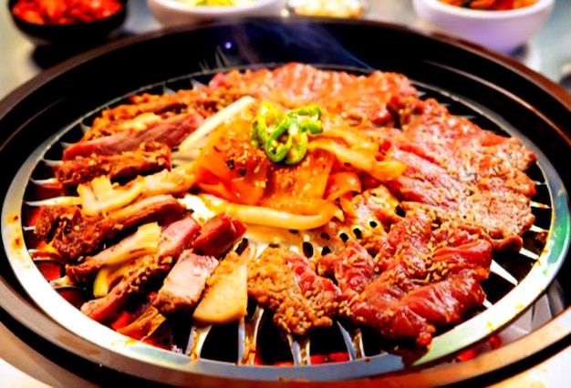 Koreański grill z różnymi kawałkami marinowanego mięsa na grillu