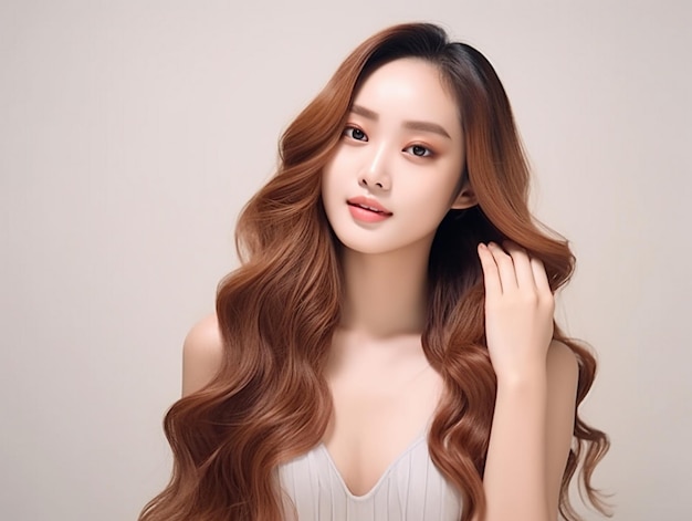Koreański makijaż piękna młoda azjatycka kobieta z kręconymi długimi włosami