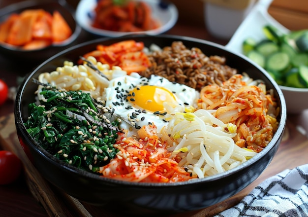 Zdjęcie koreańskie danie bibimbap z kimchi i jajem