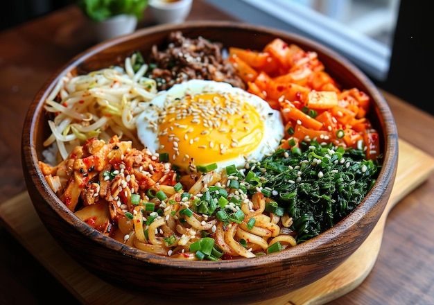 Koreańskie danie Bibimbap z ryżem, warzywami, jajem, wołowiną i kimchi