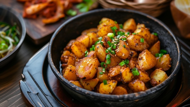 Koreańskie Fry Fry ziemniaki lub Gamja Bokkeum na stole Generative Ai