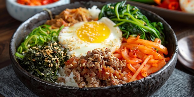 Koreańskie jedzenie Bibimbap z ryżem, warzywami i jajem