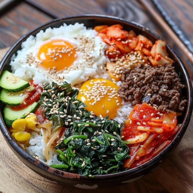 Zdjęcie koreańskie jedzenie bibimbap z ryżem, warzywami, wołowiną i jajem