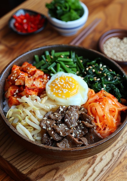 Koreańskie jedzenie Bibimbap z ryżem, wołowiną, jajem i warzywami