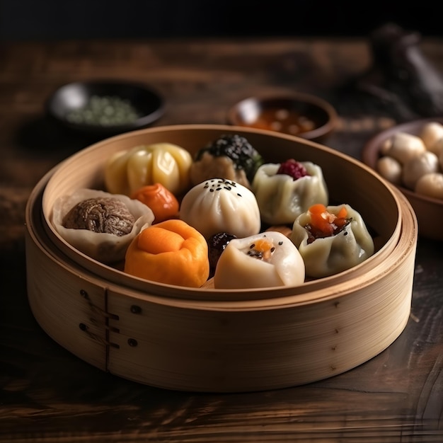 Koreańskie jedzenie dimsum na drewnianym talerzu generatywnym ai