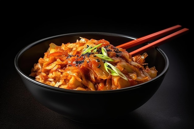Koreańskie jedzenie pikantne kimchi w misce z pałeczkami