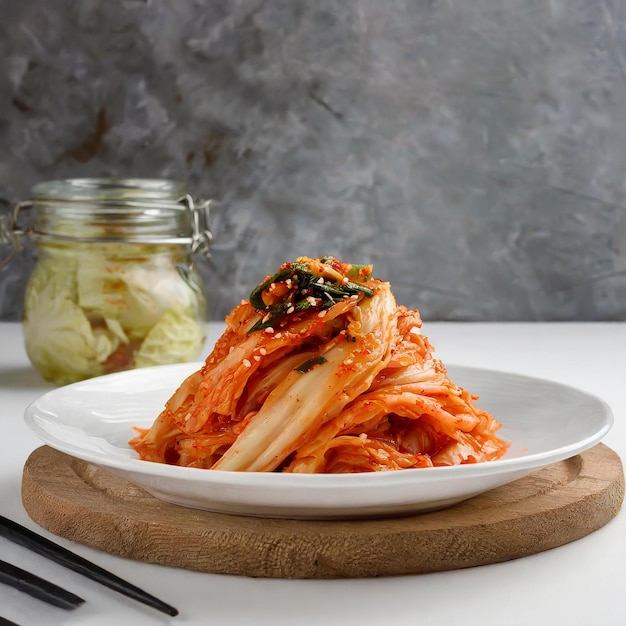 Koreańskie kimchi Koreańskie tradycyjne kimchi z kapusty na białej płytce Zbliżenie na białym tle