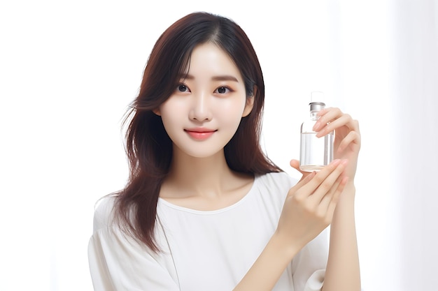 koreańskie kobiety trzymające małą butelkę do pielęgnacji skóry realistyczne zdjęcie
