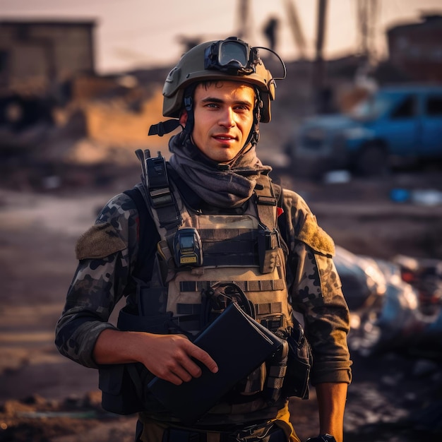 Zdjęcie korespondent wojenny obok wojny patrzy na kamerę
