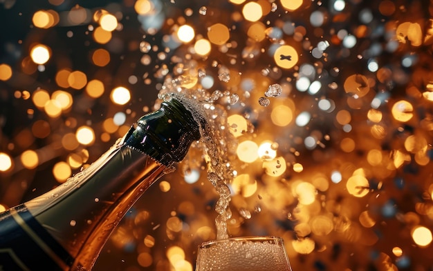 Korka szampana pęka w powietrzu na tle błyszczących noworocznych dekoracji