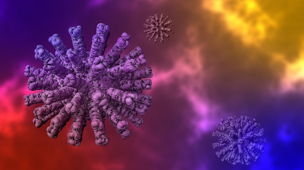 Koronawirus 2019-nCoV i tło wirusa z komórkami chorobowymi. Renderowanie 3D