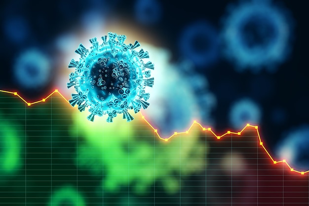Koronawirus 2019nCov komórki i wykresy giełdowe na wirtualnym ekranie