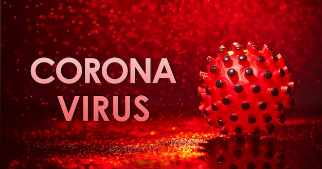 Koronawirus, COVID-19 SARS, Coronaviridae, SARS-CoV, SARSCoV, wirus 2020, MERS-CoV, chiński wirus 2019-nCoV. Pojęcie cząsteczki wirusa na czerwonym tle i plusk wody