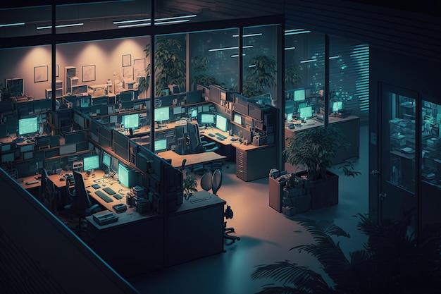 Korporacja finansowa bez pracowników nowa przestrzeń biurowa pomysł na wewnętrzną przestrzeń roboczą Wnętrze współczesnego niezajętego biura start-up w nocy z aktywną grafiką komputerową