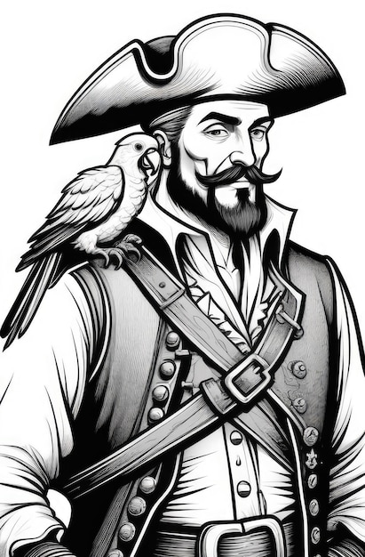 Korsarz z papugą czarno-biały pirat grawerujący ilustrację na białym tle
