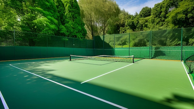 Kort tenisowy z zielonym płotem i siatką.