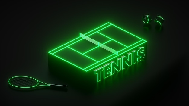 Kort Tenisowy Z Zielonymi Neonami Rakieta Do Tenisa I Piłki Widok Izometryczny Ilustracja 3d
