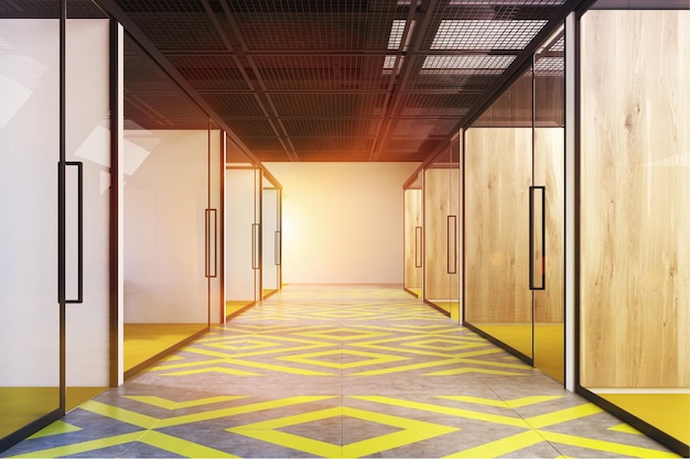 Korytarz biurowy z żółtą i szarą podłogą, drewnianymi ścianami i szklanymi drzwiami. Renderowanie 3D, stonowany obraz.
