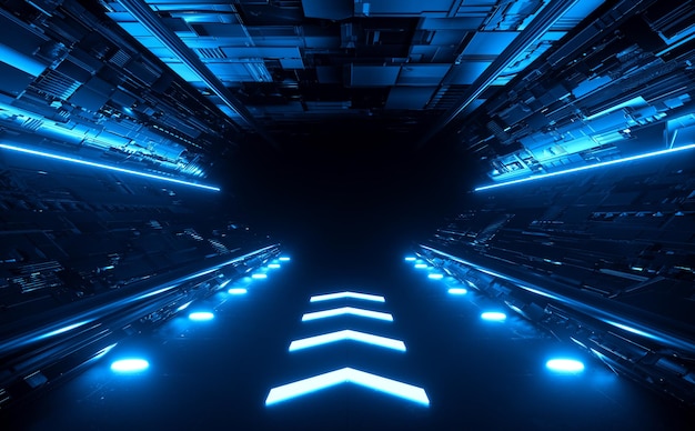 Korytarz Korytarz Przejście Tunel Statek Kosmiczny Nowoczesny Sci Fi Futurystyczny Niebieski Neon Promienie Laserowe Świecące Technika Ilustracja Renderowanie 3D