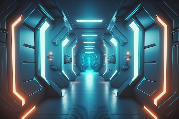 Korytarz Statek Kosmiczny Futurystyczny Tunel Scifi Z świecącymi Błyszczącymi Neonami Futurystyczny Scifi Tło Wysokość Rozdzielczość Ilustracja 3d