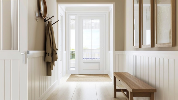 korytarz w barwach białych i beżowych z makietą ramy drewniana ławka i stojak na płaszcze Generative Ai